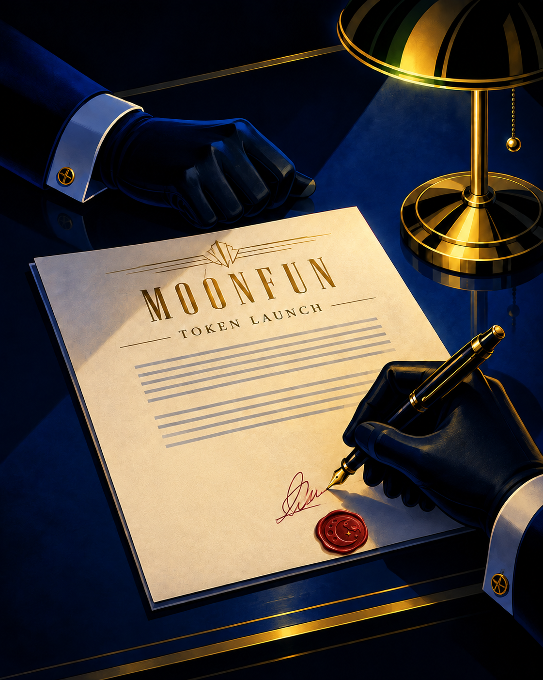MoonFun token launch document signed beside a red MoonFun wax seal